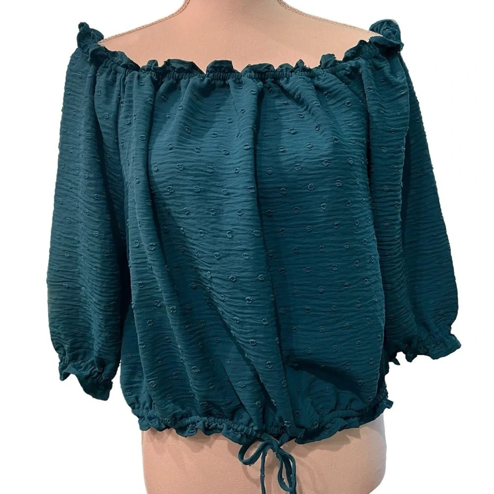 Lane Bryant Medium-Sleeve Off-The-Shoulder Clip Dot Top Teal Women’s Size‎ 14/16